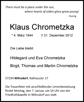 Traueranzeige von Klaus Chrometzka von Pegnitz-Zeitung